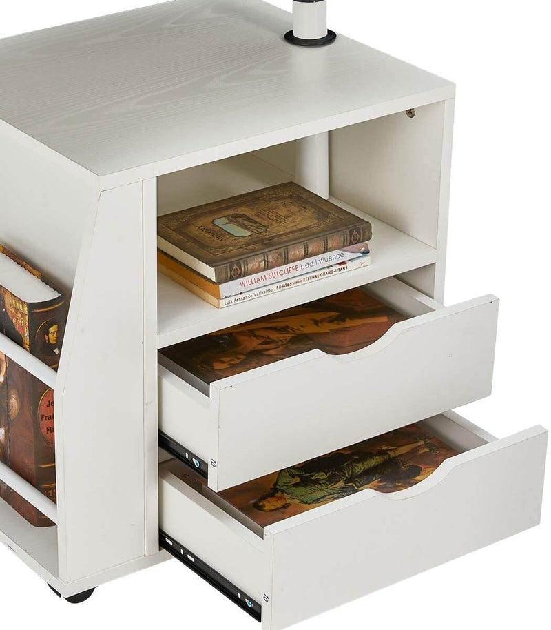 Bedside Table Height Adjustable End Table, Wooden Nightstand with Swivel Top, Storage Drawers & Universal Wheels, White