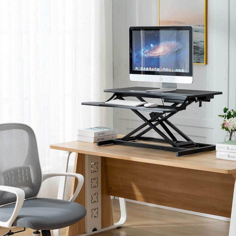 Stand Up Desk Converter 32 Inches Standing Desk Riser, Height Adjustable Home Office Desk with Deep Keyboard Tray for Laptop, Balck