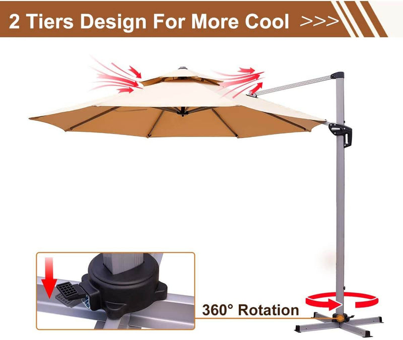 11FT Patio Umbrella Double Top Cantilever Umbrella Outdoor Offset Hanging Umbrella with Easy Tilt and 360° Rotation, Beige