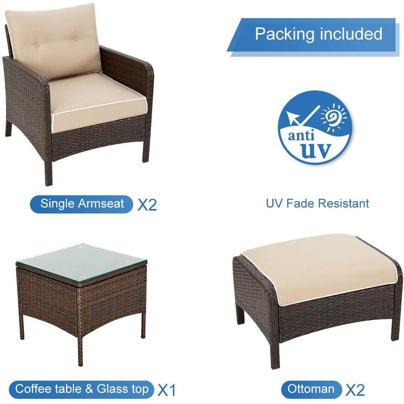 5 Pcs Patio Furniture Set, Brown PE Wicker Rattan Conversation Lounge Set with Ottoman, White & Tan Cushion