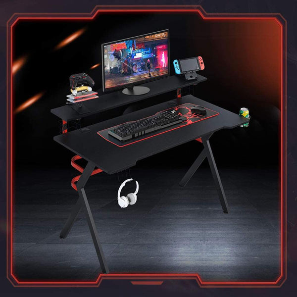 47 Inch Gaming Desk with Speaker Stand, Controller Stand, Headphone Hook & Storage Basket, Black