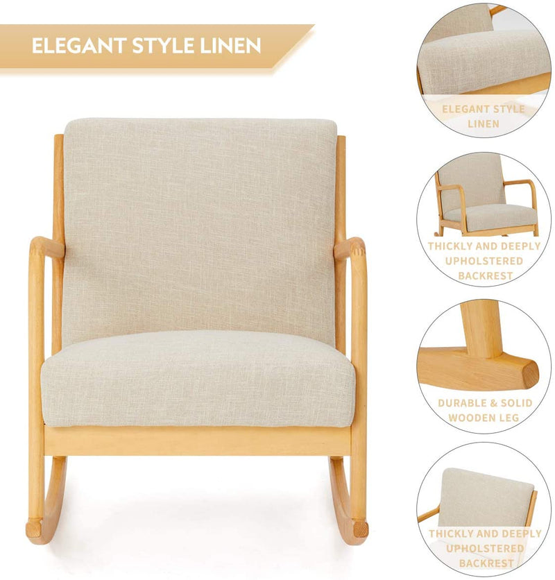 Fabric Rocking Chair, Mid-Century Glider Rocker with Padded Seat, with Ottoman, Seat Wood Base, Linen Accent Chair for Living Room