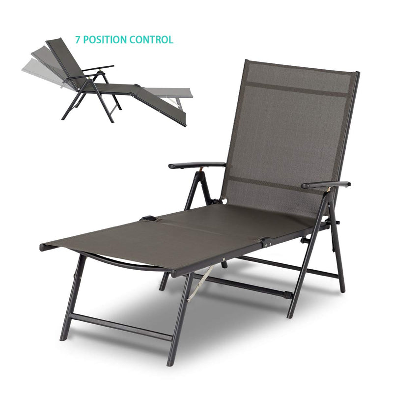 Outdoor Reclining Chaise Lounge Chair with 7 Back & 2 Leg Adjustable Positions (Grey)