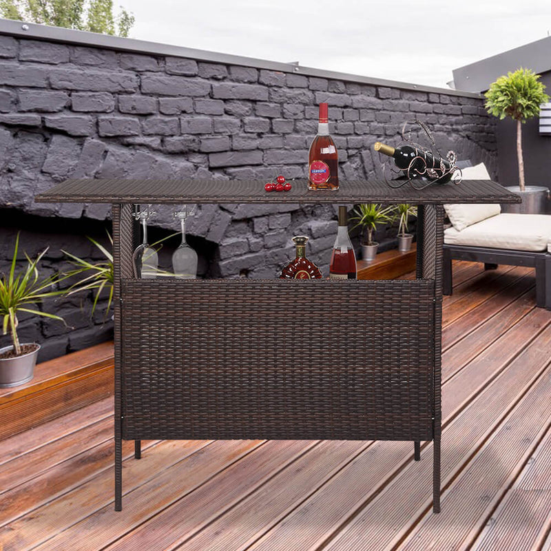 Long Rattan Bar Table Top Iron Mesh Compartment