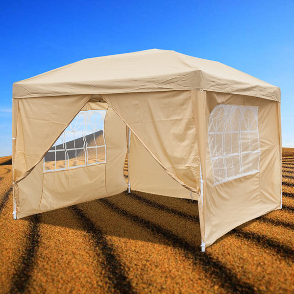 10 x 10 ft Pop up Canopy Tent with 2 Doors & 2 Windows Khaki