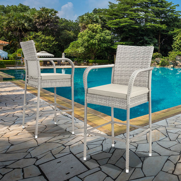 2-Piece Outdoor PE Rattan Wicker Chairs, High Bar Stool Chair, Patio Furniture Set with Cushions Armrest and Footrest, Gray