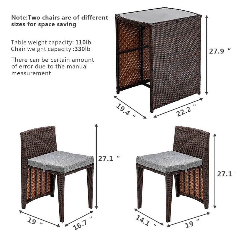 3 Pieces Rattan Wicker Bistro Set with Glass Top Table 2 Chairs Space Saving Design Brown