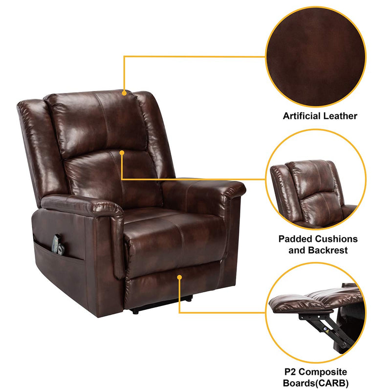 Power Lift Chair Electric Recliner for Elderly with Heat and Massage, 3 Positions, 2 Side Pockets, Faux Leather Recliners, Luxury Brown