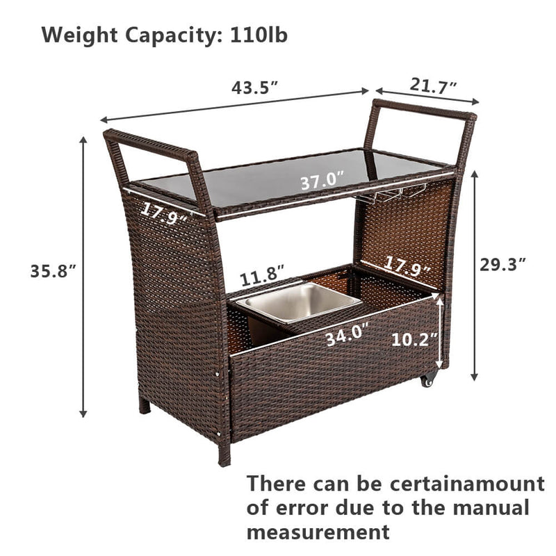 Outdoor Patio Wicker Rattan Serving Bar Cart with Ice Bucket Wine Rack Brown