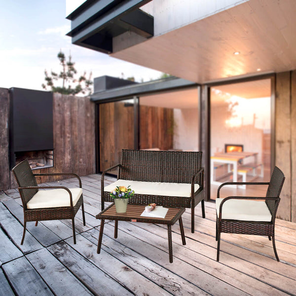 4 Pieces Patio Rattan Wicker Chair, Outdoor Sectional Furniture Set, Brown