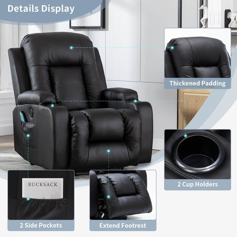 Power Lift Recliner Chair with Massage & Heat for Elderly, PU Leather Electric Recliner with 2 Side Pockets, Cup Holders & USB Port (Black)