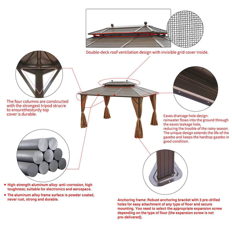 10‘ x 13’ Hardtop Gazebo Galvanized Steel, Double-Roof Gazebos Pergolas Aluminum Frame with Netting & Curtains