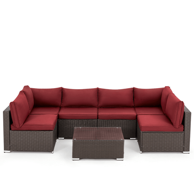 7 Pcs Patio Furniture Set All Weather Sectional Sofa w/ Red Cushion & Coffee Table