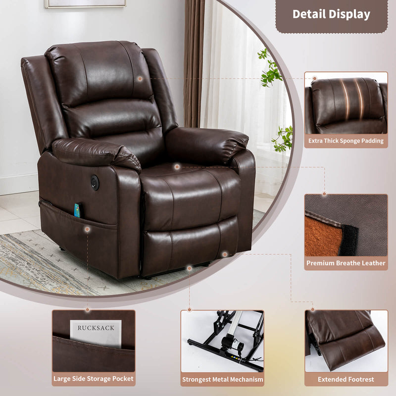 Power Lift Recliner Chair with Massage & Heat for Elderly, Breathe Leather Electric Recliner with 2 Side Pocket & USB Port (Brown)