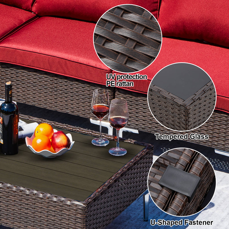 7 Pcs Outdoor Sectional Sofas All-Weather Patio Couch Set with Red Cushion/Tea Table