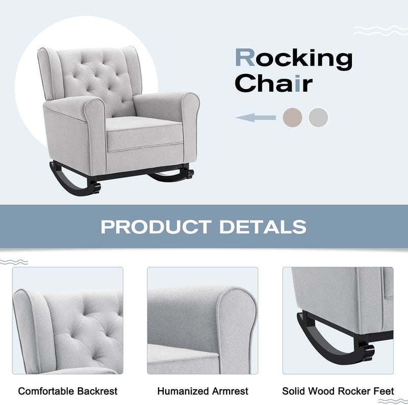 Mid Century Modern Rocking Chair, Tufted Upholstered Glider with High Back, Gray