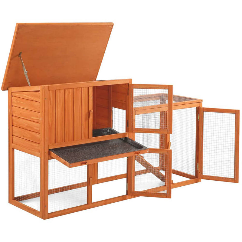 Rabbit Hutch Wooden Outdoor Open Roof Removable Tray & Ramp (54.3 inches)