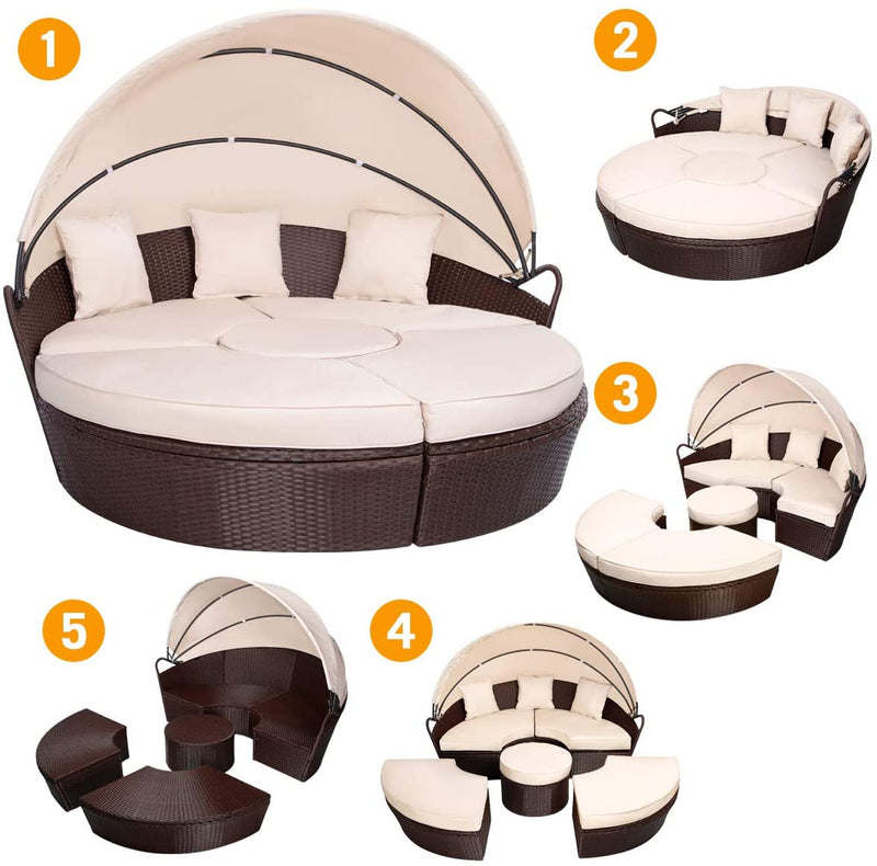 Outdoor Round Daybed with Retractable Canopy, Patio Round Chaise Lounge with Coffee Table & Cushions, Sectional Seating Sofa