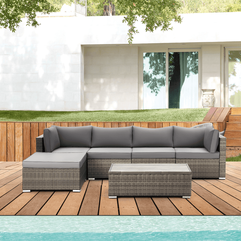 6 Pcs Outdoor Rattan Sectional Sofa All Weather Patio Furniture Set w/ Gray Cushion & Coffee Table