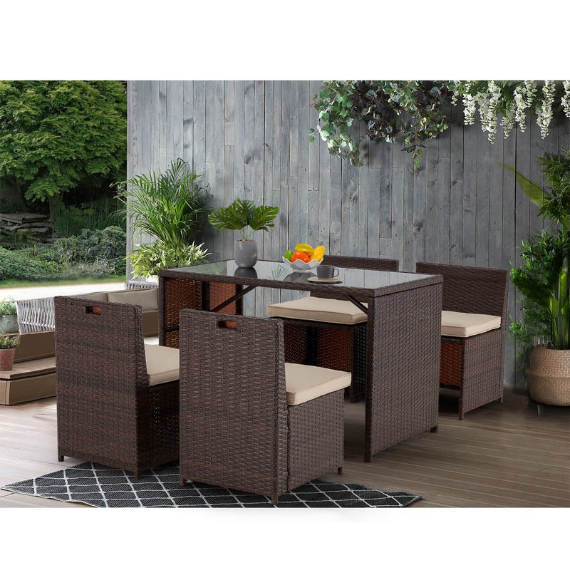 5 Pcs Outdoor Sectional Dining Set Rattan Table & Chairs w/ Seat Cushion, Glass Tabletop
