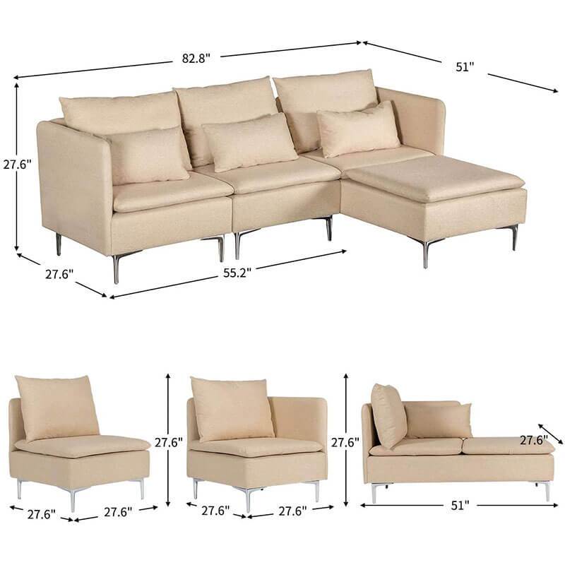 Convertible 3-Seat Sectional Sofa L-Shaped Couch Beige