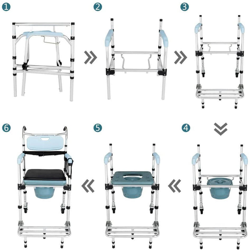 4 in 1 Multifunctional Aluminum Elder People Commode Chair Bath Chair Light Blue