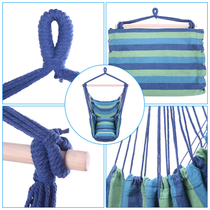 Hammock Swing, Hanging Rope Hammock Chair Swing, Cotton Hanging Air Swing with Cushions for Patio Porch Yard Tree, Blue