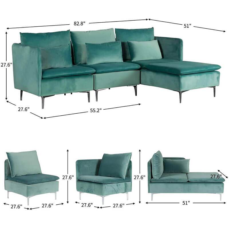 Convertible 3-Seat Sectional Sofa L-Shaped Couch Green