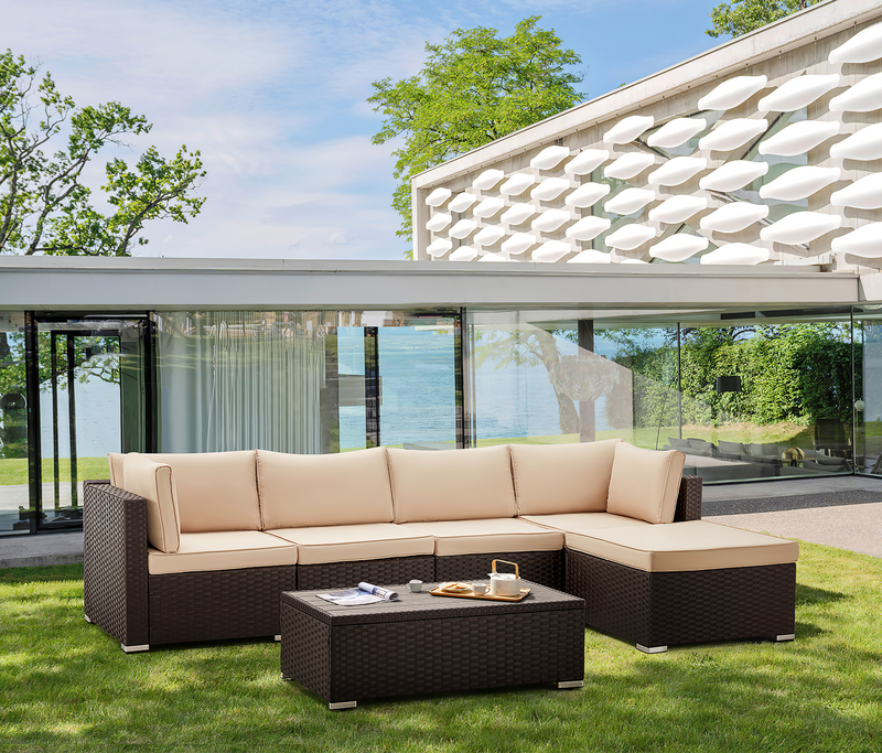 6 Pcs Outdoor Rattan Sectional Sofa All Weather Patio Furniture Set w/ Beige Cushion & Coffee Table