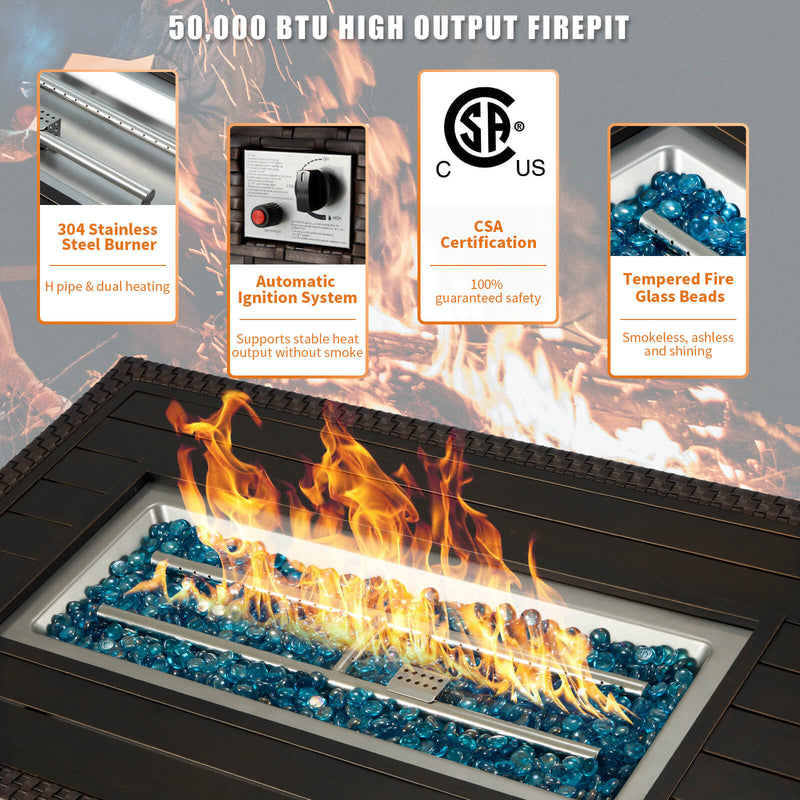 44" Outdoor Propane Gas Fire Pit Table 50000 BTU Auto-Ignition w/ Windguard, Aluminium Tabletop, Brown