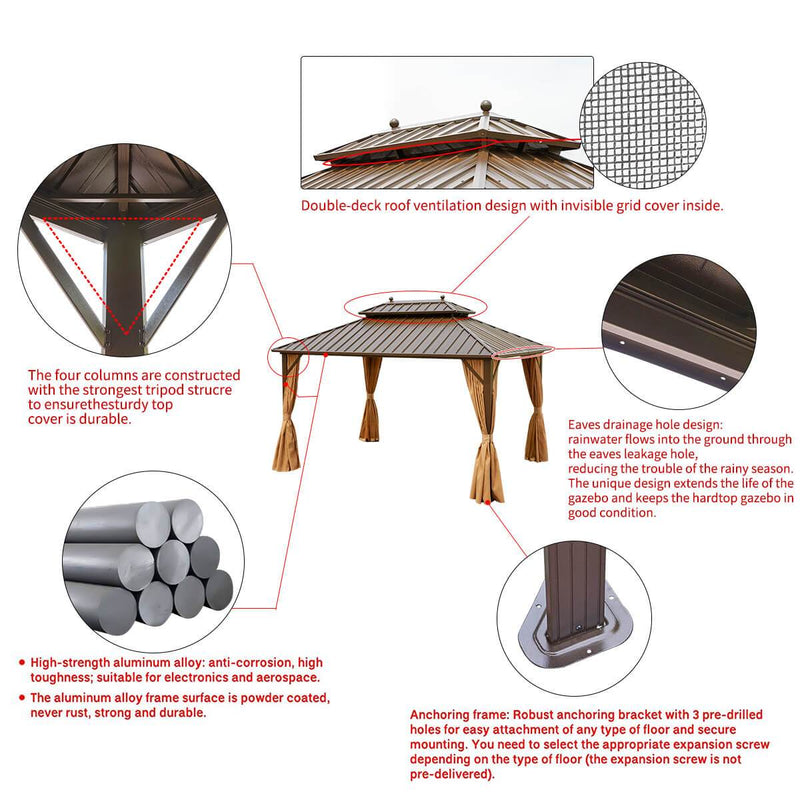 10' x 13' Patio Hardtop Gazebo Galvanized Steel, Double-Roof Gazebo Pergolas Aluminum Frame with Netting & Curtains