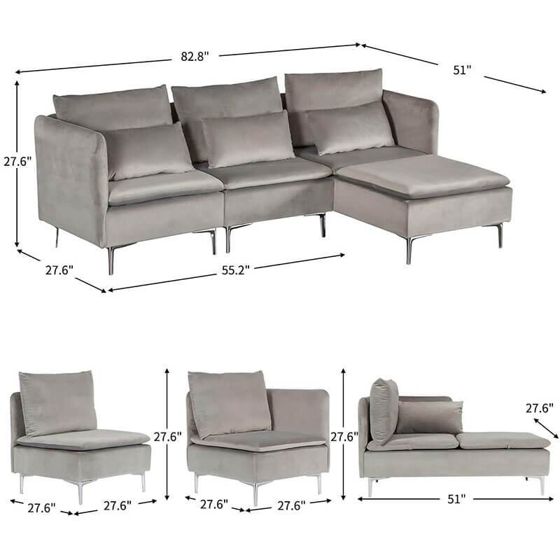 Convertible 3-Seat Sectional Sofa L-Shaped Couch Light Gray