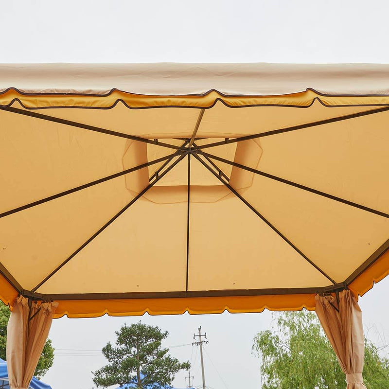 12’ x 12’ Canopy Gazebo Double Roof Patio Gazebo Steel Frame with Netting and Shade Curtains, Beige