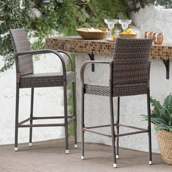 2-Piece Outdoor PE Rattan Wicker Chairs, High Bar Stool Chair, Patio Furniture Set with Armrest and Footrest, Brown