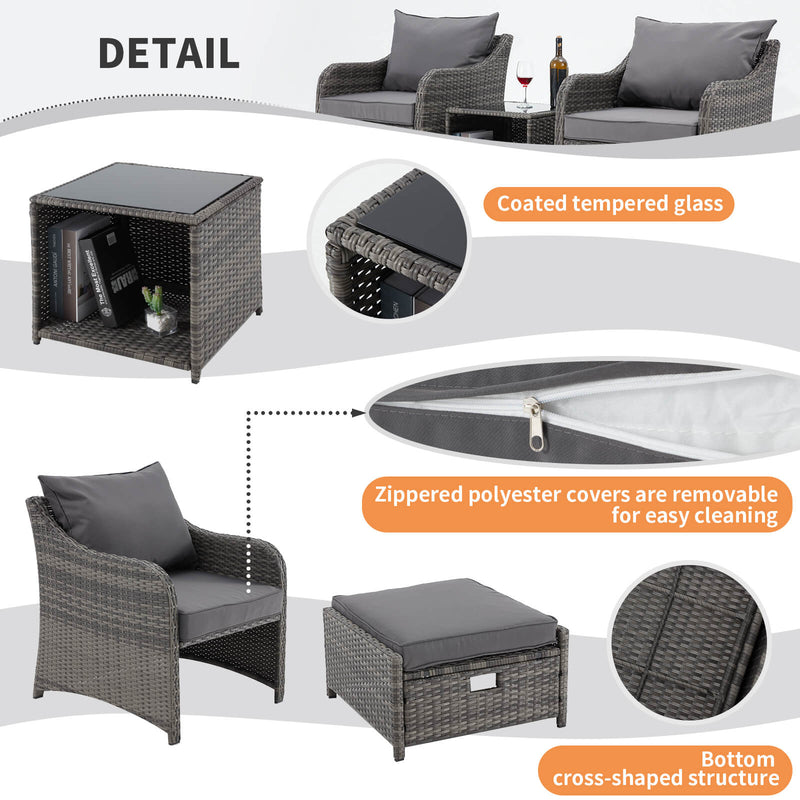 5 Pcs Patio Wicker Recliner Lounge Chair Set with 2 Ottomans, Grey Cushion & Coffee Table