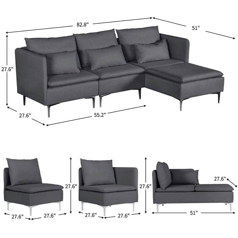 Convertible 3-Seat Sectional Sofa L-Shaped Couch Dark Gray