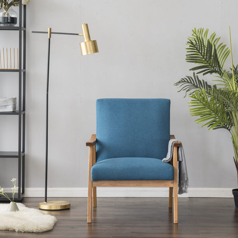 Mid-Century Modern Accent Armchair Solid Hardwood Upholstered Linen Lounge Chair, Navy Blue