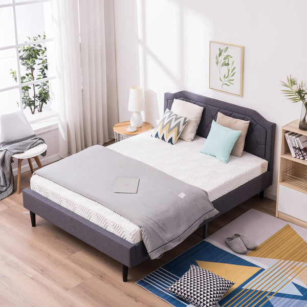 Upholstered Platform Bed Frame with Diamond Buckle Decoration In Gray, Full
