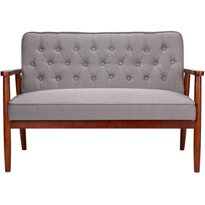 Mid-Century Retro Fabric Loveseat Accent Chair Tufted Back Living Room Sofa Wooden Arm Chair Grey