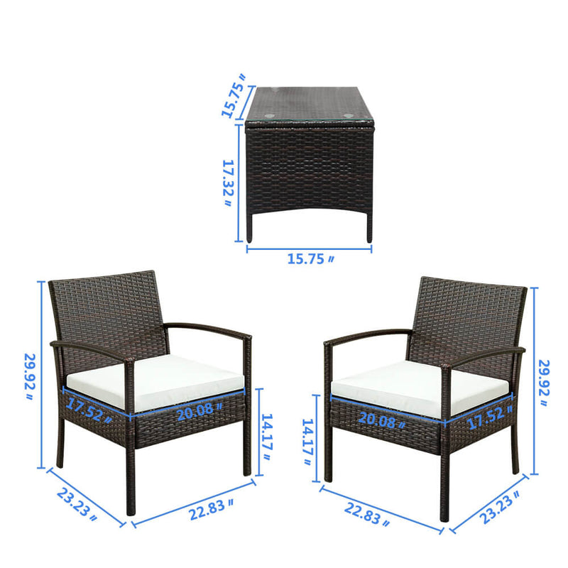 3-Piece Wicker Patio Dining Furniture Set, Rattan Sofa Conversation Set, Arm Chairs Coffee Table with Cushions & Tempered Glass Tabletop