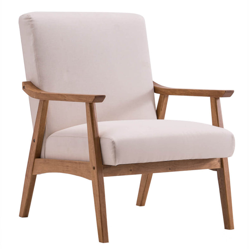 Mid Century Retro Modern Fabric Accent Chair Upholstered Wood Frame Armchair, Beige