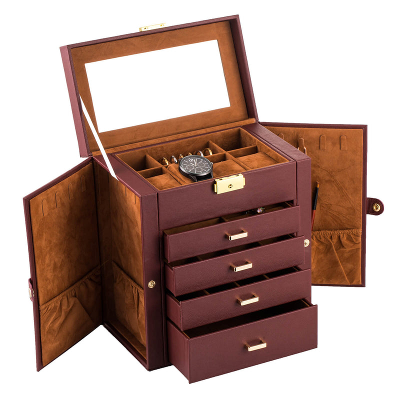 Synthetic Leather Huge Jewelry Box Mirrored Watch Organizer Storage Lockable Gift Case Brown