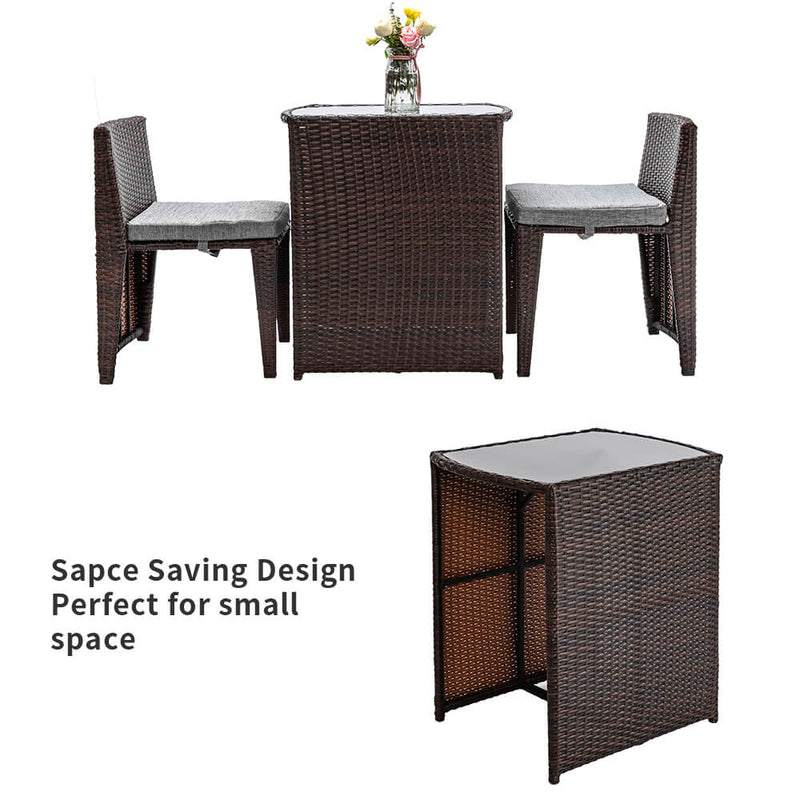 3 Pieces Rattan Wicker Bistro Set with Glass Top Table 2 Chairs Space Saving Design Brown