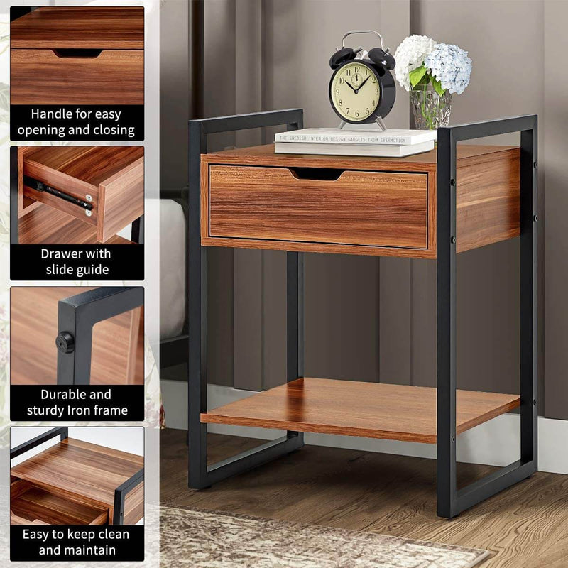Modern Rectangular Wood Nightstand Side/End/Coffee/Accent Table, Cabinet with Drawer for Storage, Brown