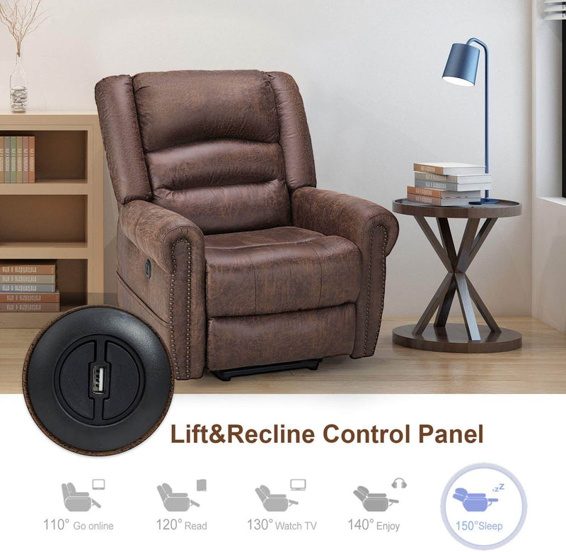 Power Lift Recliner Chair for Elderly, Faux Leather with Rivet Design Electric Recliner Chair with Heated Vibration Massage, Side Pockets & USB Port, Nut Brown