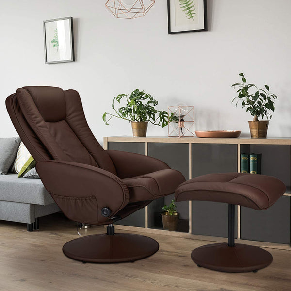 Recliner Chair and Ottoman, 360 Degrees Swivel Ergonomic Faux Leather Lounge Recliner with Footrest, Vibration Massage Lounge Chair with Side Pocket, Brown