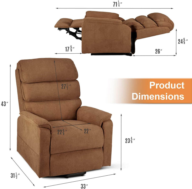 Dual Motor Electric Power Recliner Lift Chair Linen Fabric Electric Recliner for Elderly, Heated Vibration Massage Sofa with Side Pockets & Remote Control, Brown