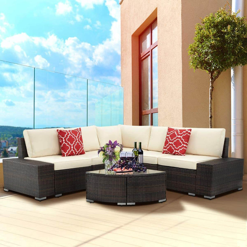 6 Pcs Outdoor Sectional Furniture Set, Patio PE Rattan All Weather Wicker Sofa Set with Cushions Arc-Shaped Table, Brown