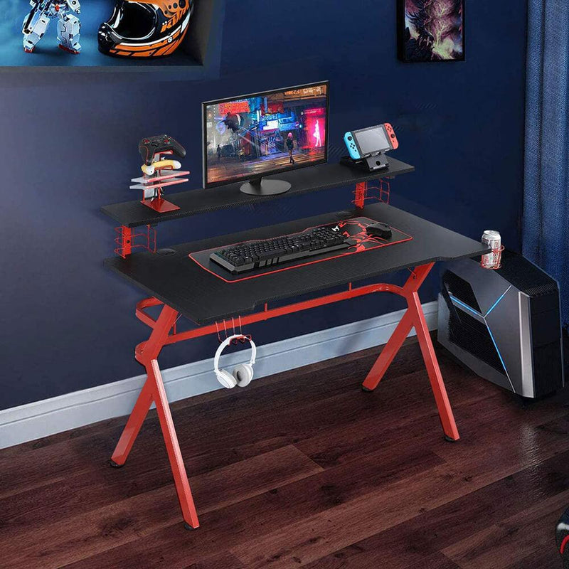 47 Inch Gaming Desk with Speaker Stand, Controller Stand, Headphone Hook & Storage Basket, Red