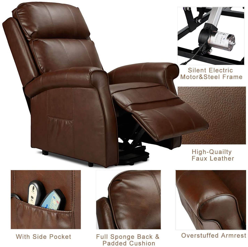 Electric Power Lift Recliner Chair, Faux Leather Electric Recliner for Elderly with Heated Vibration Massage, Side Pocket & Remote Control, Brown